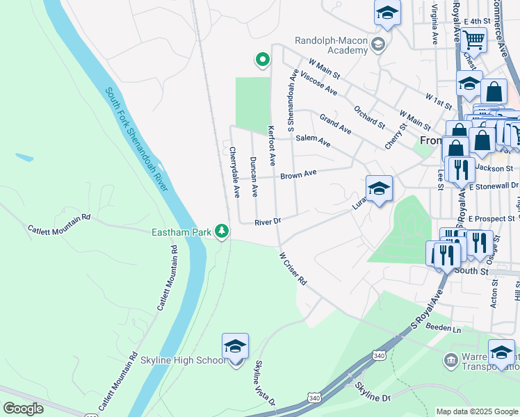 map of restaurants, bars, coffee shops, grocery stores, and more near 421 Duncan Avenue in Front Royal