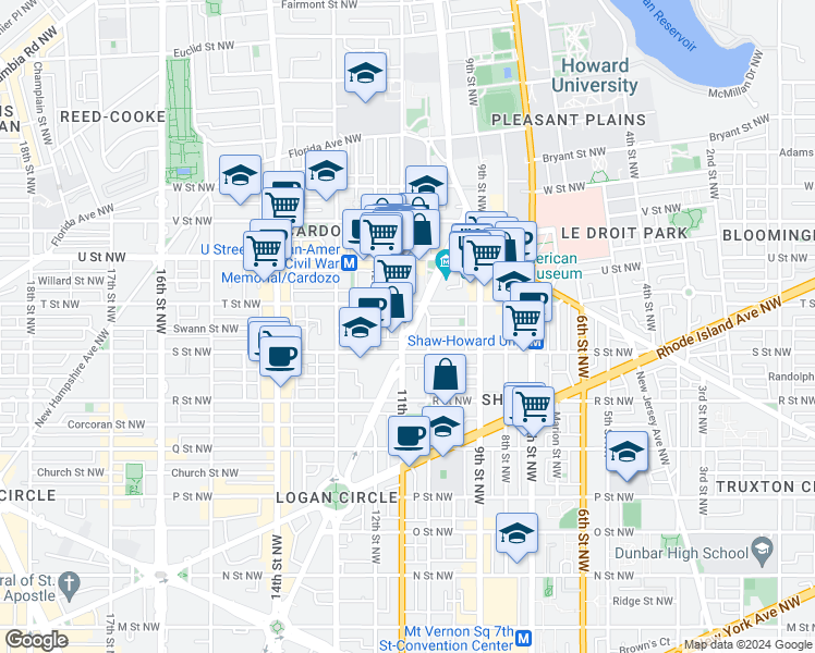 map of restaurants, bars, coffee shops, grocery stores, and more near 1800 Vermont Avenue Northwest in Washington