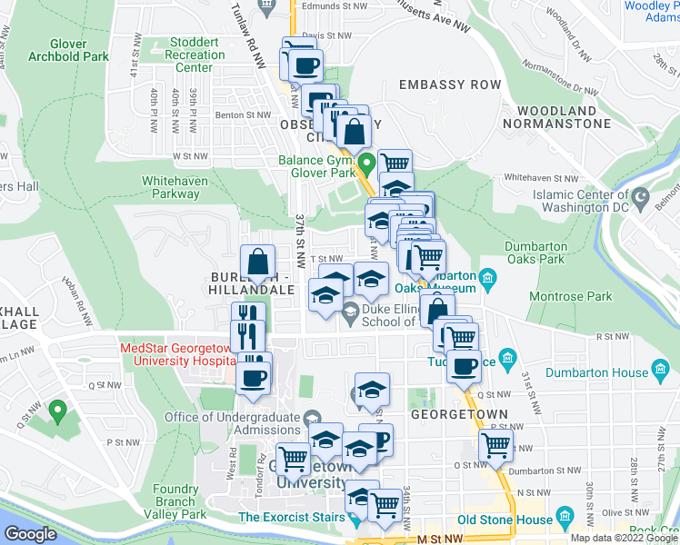 map of restaurants, bars, coffee shops, grocery stores, and more near 1809 36th Street Northwest in Washington