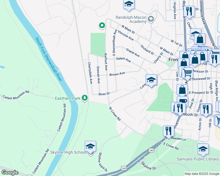 map of restaurants, bars, coffee shops, grocery stores, and more near 423 Kerfoot Avenue in Front Royal