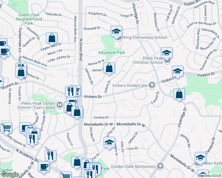 map of restaurants, bars, coffee shops, grocery stores, and more near 5715 Del Paz Drive in Colorado Springs