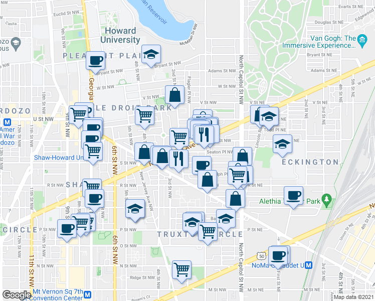 map of restaurants, bars, coffee shops, grocery stores, and more near 101 Independence Avenue Southeast in Washington
