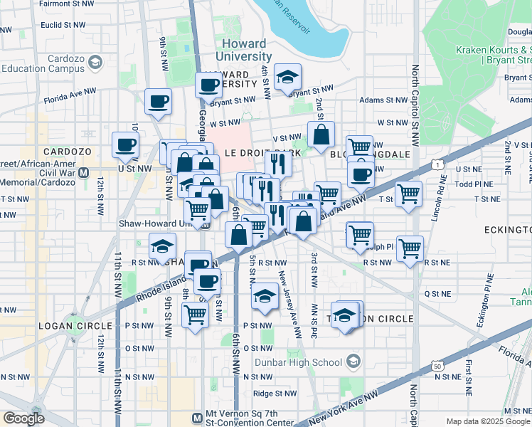 map of restaurants, bars, coffee shops, grocery stores, and more near 101 Independence Avenue Southeast in Washington
