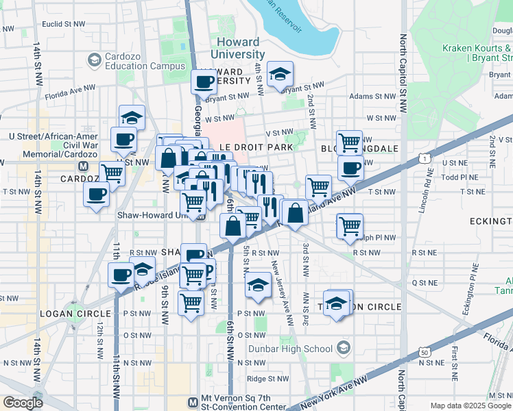 map of restaurants, bars, coffee shops, grocery stores, and more near 101 Independence Avenue Southeast in Washington