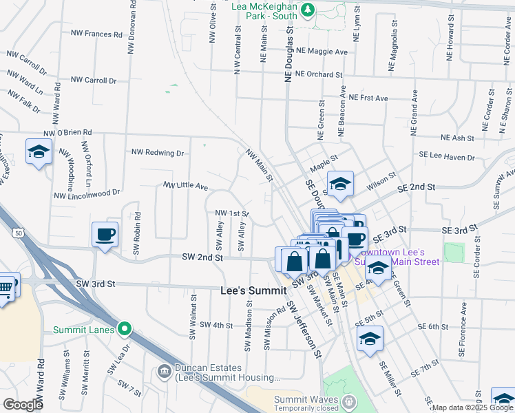 map of restaurants, bars, coffee shops, grocery stores, and more near 4B Northwest Market Street in Lee's Summit