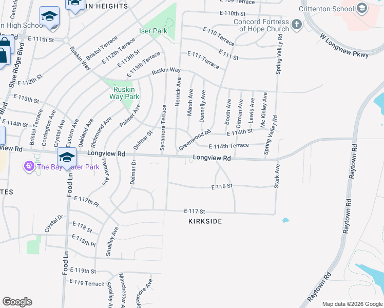 map of restaurants, bars, coffee shops, grocery stores, and more near 8301 Longview Road in Kansas City