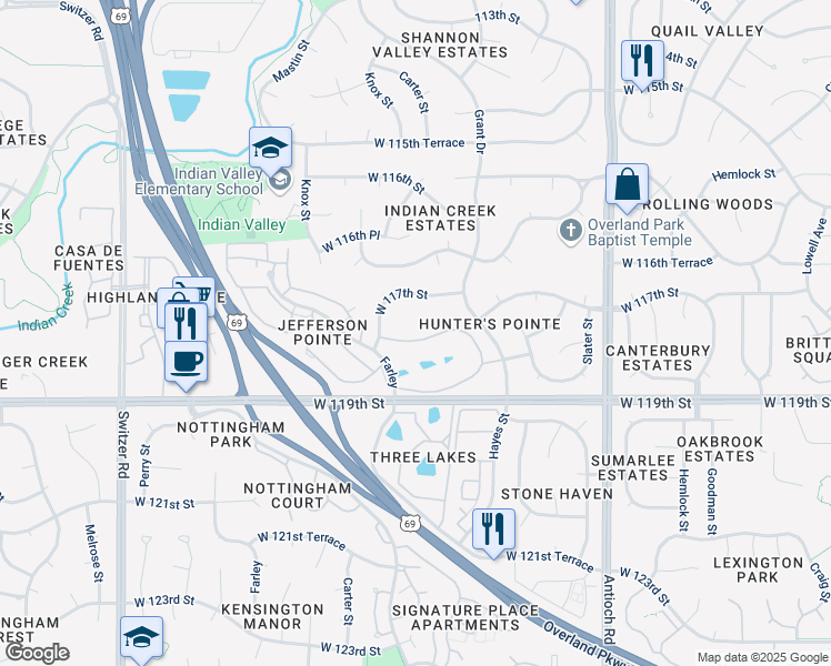 map of restaurants, bars, coffee shops, grocery stores, and more near 9801 West 118th Street in Overland Park