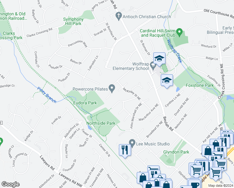 map of restaurants, bars, coffee shops, grocery stores, and more near 9455 Brenner Court in Vienna