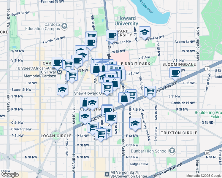 map of restaurants, bars, coffee shops, grocery stores, and more near 1825 7th Street Northwest in Washington
