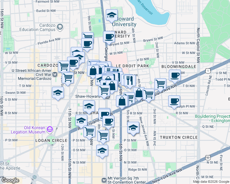 map of restaurants, bars, coffee shops, grocery stores, and more near 101 Independence Avenue Southeast in Washington
