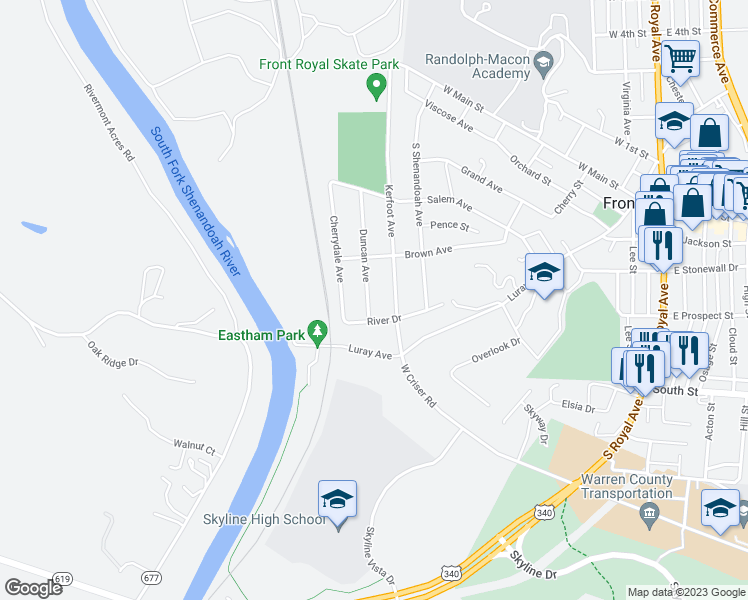 map of restaurants, bars, coffee shops, grocery stores, and more near 421 Duncan Avenue in Front Royal