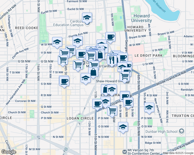 map of restaurants, bars, coffee shops, grocery stores, and more near 1800 Vermont Avenue Northwest in Washington