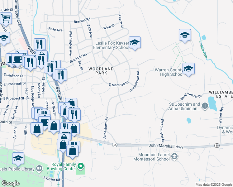 map of restaurants, bars, coffee shops, grocery stores, and more near 125 Jamestown Road in Front Royal