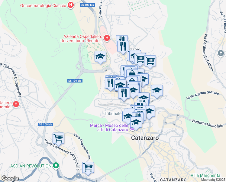 map of restaurants, bars, coffee shops, grocery stores, and more near 7 Via Azaria Tedeschi in Catanzaro