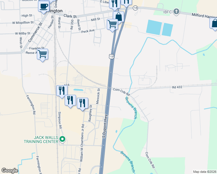 map of restaurants, bars, coffee shops, grocery stores, and more near 677 Road 316 in Harrington