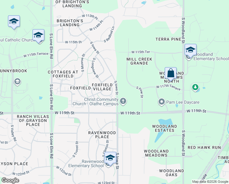 map of restaurants, bars, coffee shops, grocery stores, and more near 20927 West 117th Terrace in Olathe