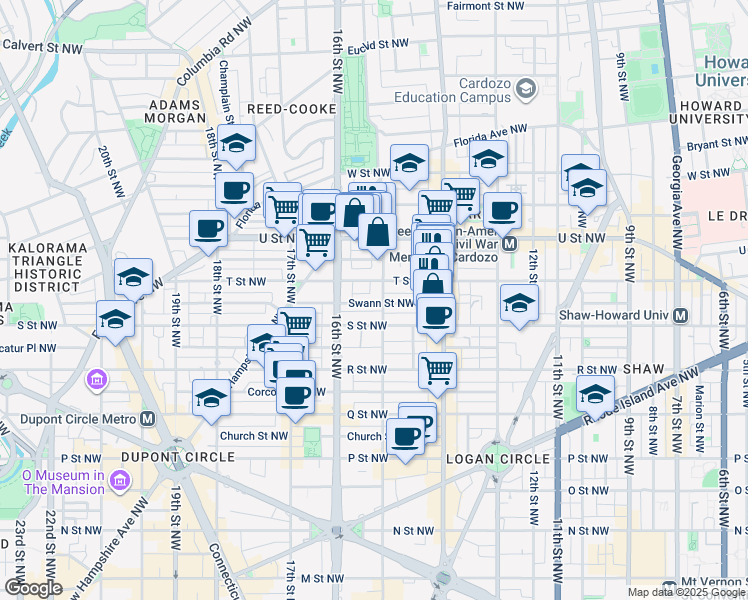 map of restaurants, bars, coffee shops, grocery stores, and more near 1822 15th Street Northwest in Washington