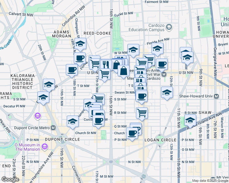 map of restaurants, bars, coffee shops, grocery stores, and more near 1821 16th Street Northwest in Washington