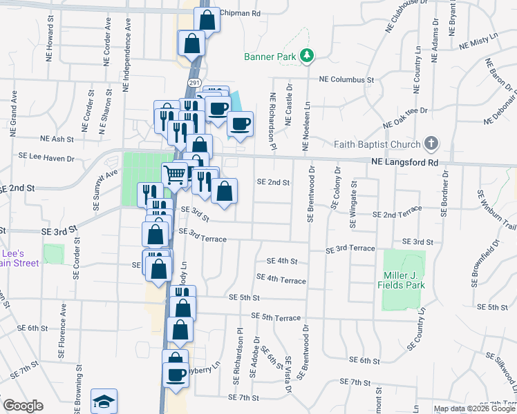 map of restaurants, bars, coffee shops, grocery stores, and more near 216 Southeast Westwind Drive in Lee's Summit
