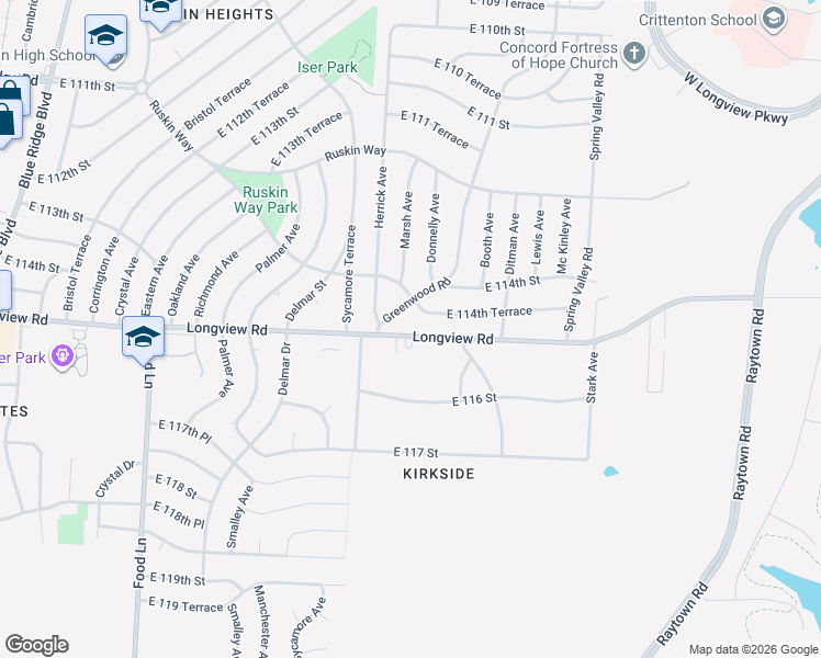 map of restaurants, bars, coffee shops, grocery stores, and more near 8301 Longview Road in Kansas City
