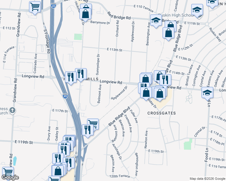 map of restaurants, bars, coffee shops, grocery stores, and more near 11511 Orchard Road in Kansas City