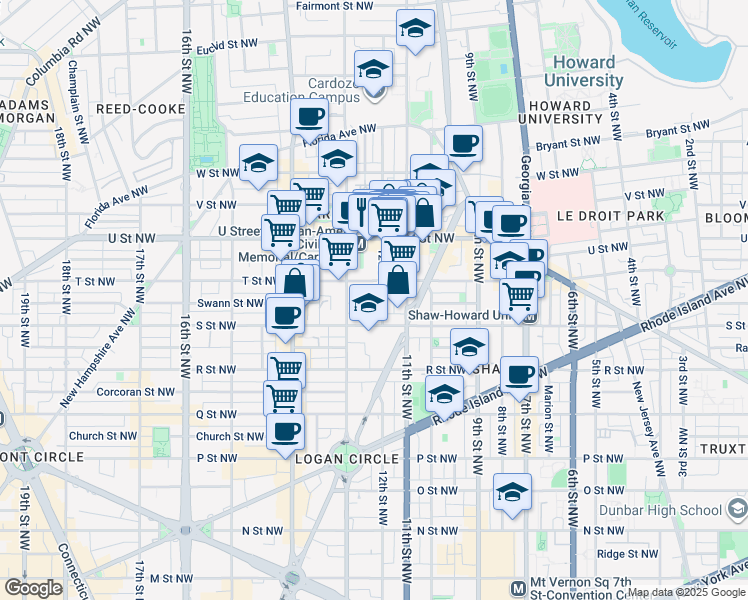 map of restaurants, bars, coffee shops, grocery stores, and more near 1816 12th Street Northwest in Washington