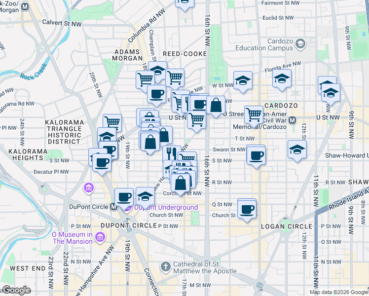 map of restaurants, bars, coffee shops, grocery stores, and more near 17th St NW & New Hampshire Ave NW in Washington