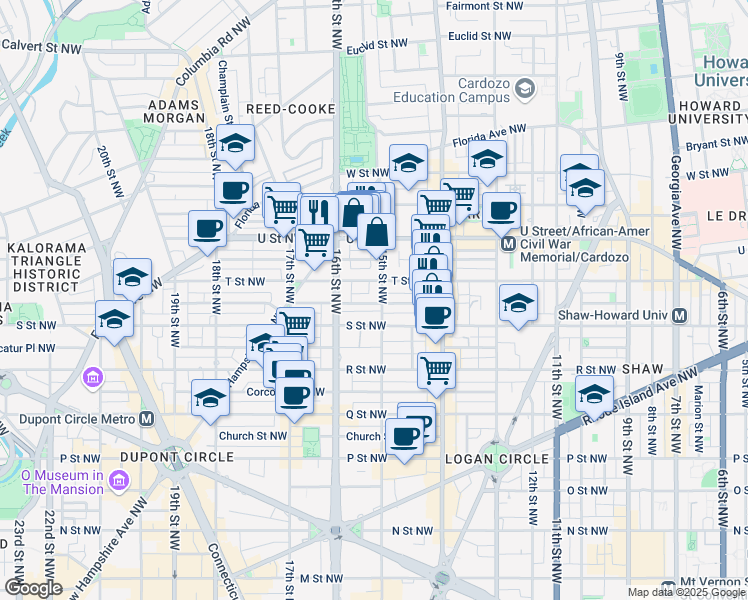 map of restaurants, bars, coffee shops, grocery stores, and more near 1822 15th Street Northwest in Washington