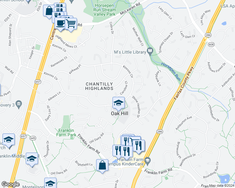 map of restaurants, bars, coffee shops, grocery stores, and more near 13218 Caroline Court in Herndon
