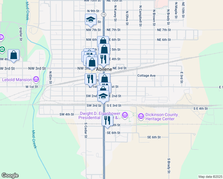 map of restaurants, bars, coffee shops, grocery stores, and more near 108 S Buckeye Ave in Abilene