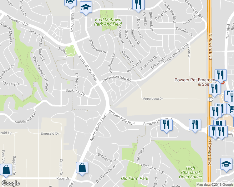 map of restaurants, bars, coffee shops, grocery stores, and more near 5892 Tradewind Point in Colorado Springs