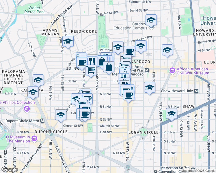 map of restaurants, bars, coffee shops, grocery stores, and more near 1822 15th Street Northwest in Washington