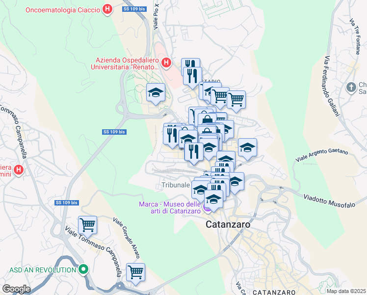 map of restaurants, bars, coffee shops, grocery stores, and more near 45 Piazza Montegrappa in Catanzaro