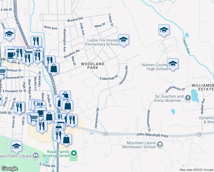 map of restaurants, bars, coffee shops, grocery stores, and more near 125 Jamestown Road in Front Royal