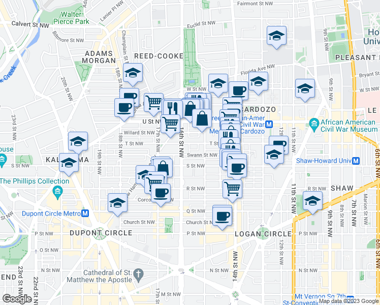map of restaurants, bars, coffee shops, grocery stores, and more near 1523 Swann Street Northwest in Washington