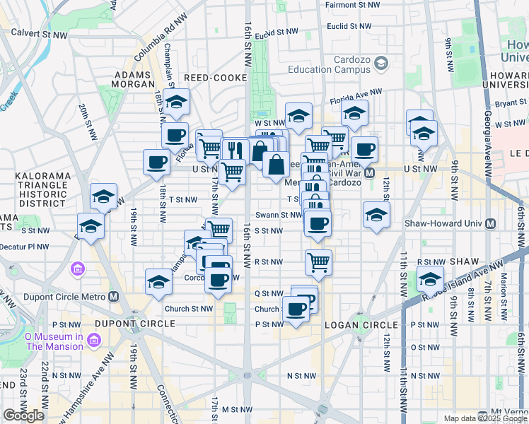 map of restaurants, bars, coffee shops, grocery stores, and more near 1513 Swann Street Northwest in Washington