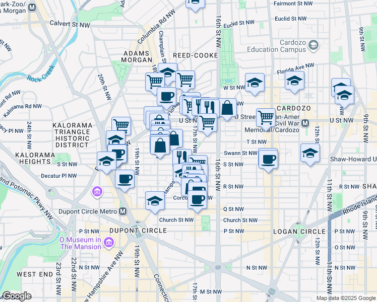 map of restaurants, bars, coffee shops, grocery stores, and more near 1816 New Hampshire Avenue Northwest in Washington