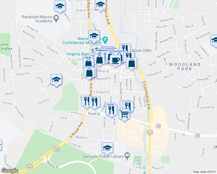 map of restaurants, bars, coffee shops, grocery stores, and more near 229 Cloud Street in Front Royal