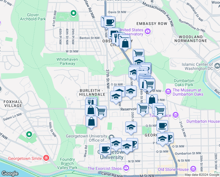 map of restaurants, bars, coffee shops, grocery stores, and more near 1813 37th Street Northwest in Washington
