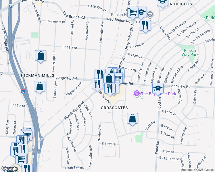 map of restaurants, bars, coffee shops, grocery stores, and more near 11501 Blue Ridge Boulevard in Kansas City