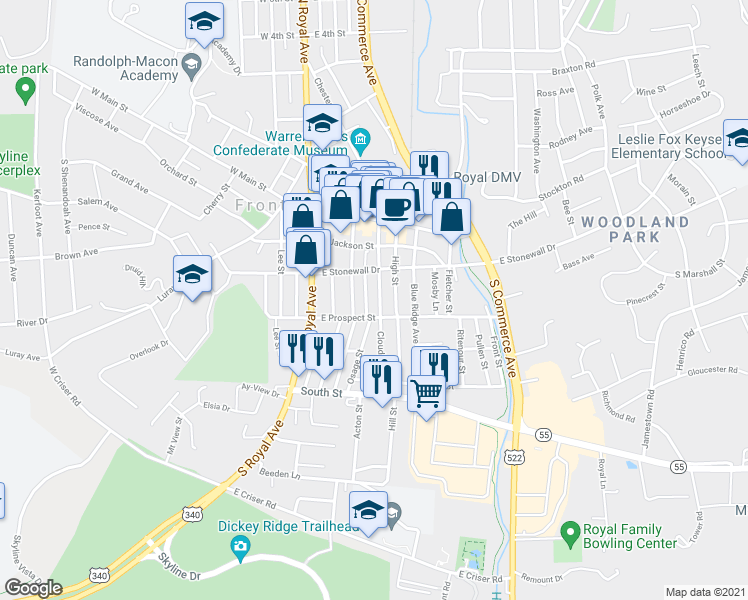 map of restaurants, bars, coffee shops, grocery stores, and more near 229 Cloud Street in Front Royal