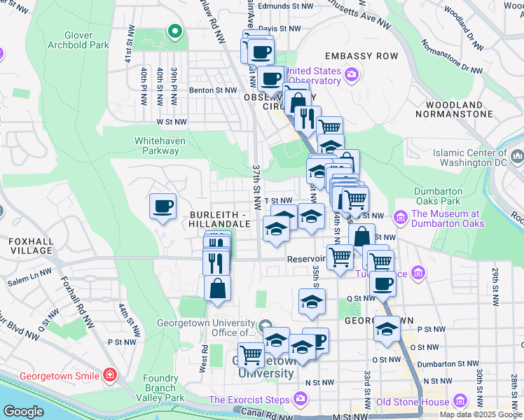 map of restaurants, bars, coffee shops, grocery stores, and more near 1813 37th Street Northwest in Washington