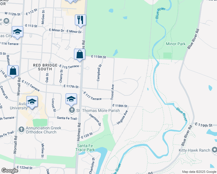 map of restaurants, bars, coffee shops, grocery stores, and more near 1111 East 117th Street in Kansas City
