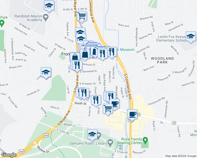 map of restaurants, bars, coffee shops, grocery stores, and more near 228A Cloud Street in Front Royal