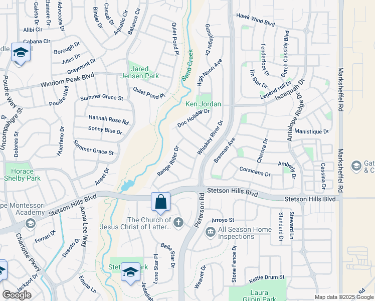 map of restaurants, bars, coffee shops, grocery stores, and more near 5643 Annie Oakley Way in Colorado Springs