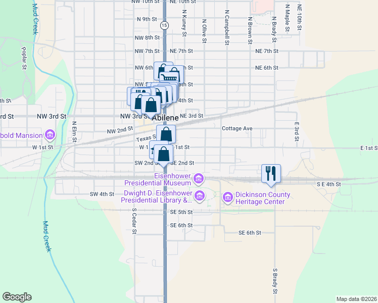 map of restaurants, bars, coffee shops, grocery stores, and more near 205 Southeast 2nd Street in Abilene