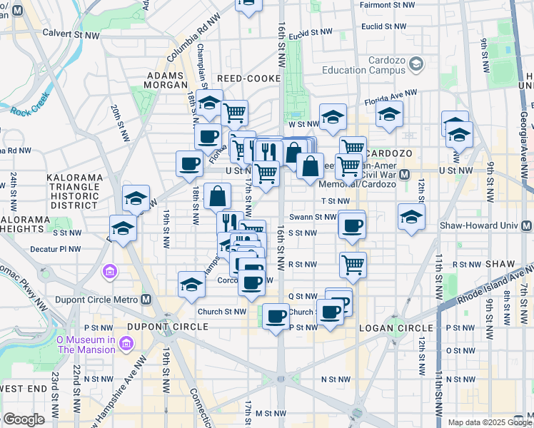 map of restaurants, bars, coffee shops, grocery stores, and more near 1617 Swann Street Northwest in Washington