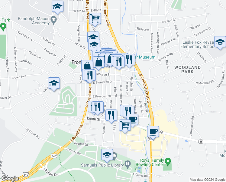map of restaurants, bars, coffee shops, grocery stores, and more near 228A Cloud Street in Front Royal