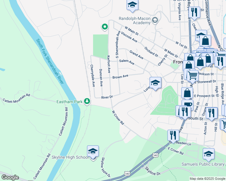 map of restaurants, bars, coffee shops, grocery stores, and more near 423 Kerfoot Avenue in Front Royal