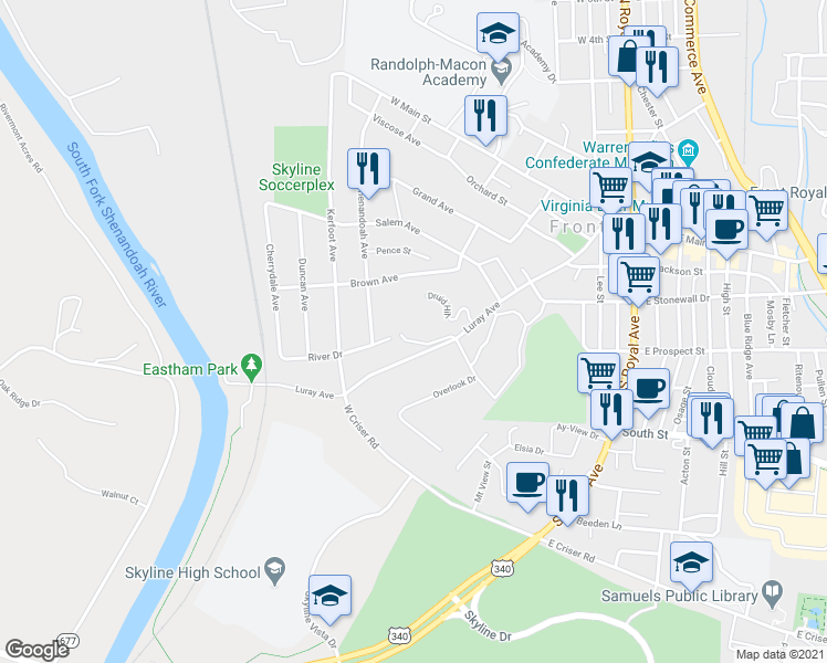 map of restaurants, bars, coffee shops, grocery stores, and more near 319 Peakova Lane in Front Royal